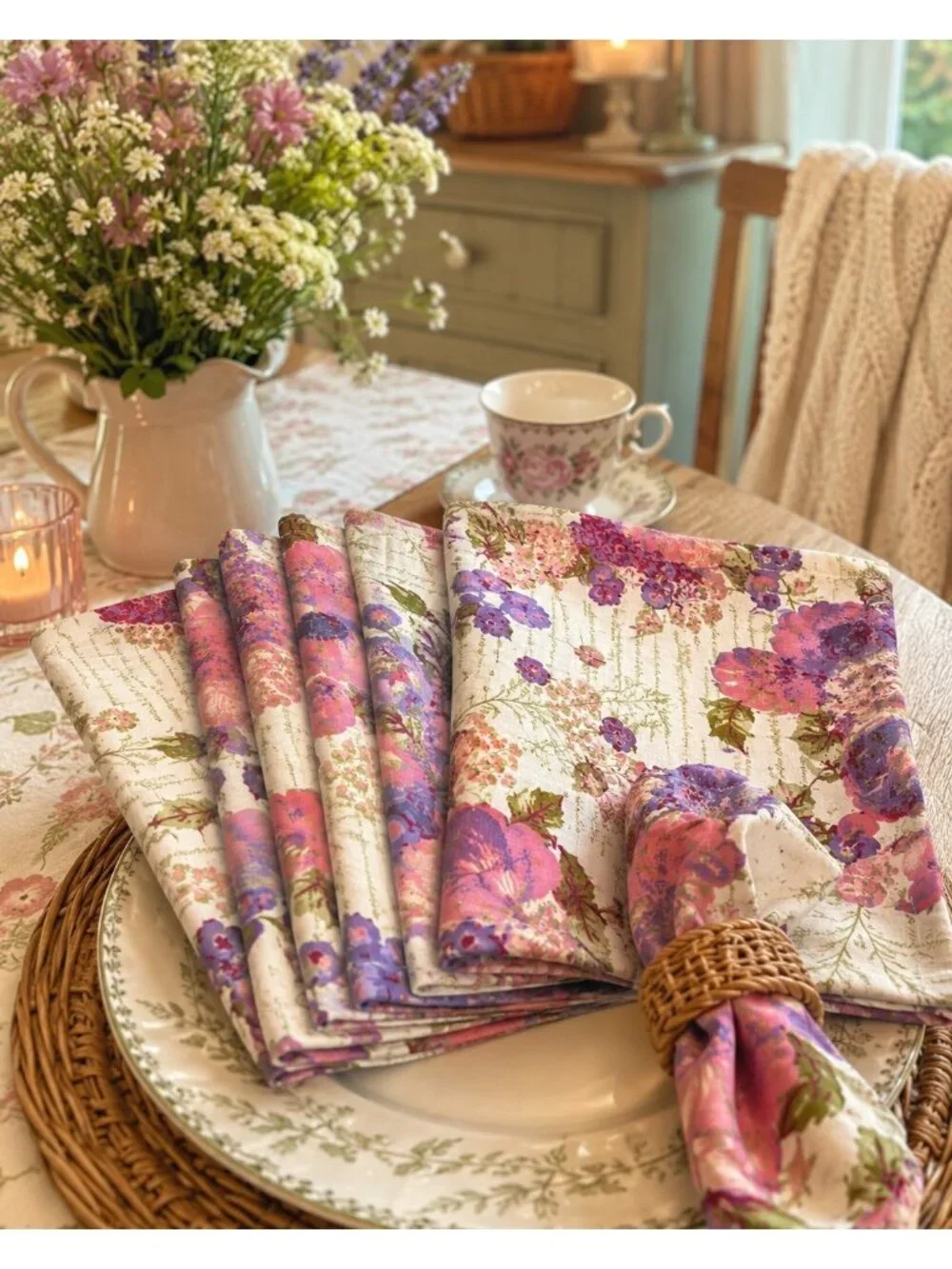 April Cornell Set of 8 Floral Cotton Dinner Napkins Cottage Garden Pink Purple